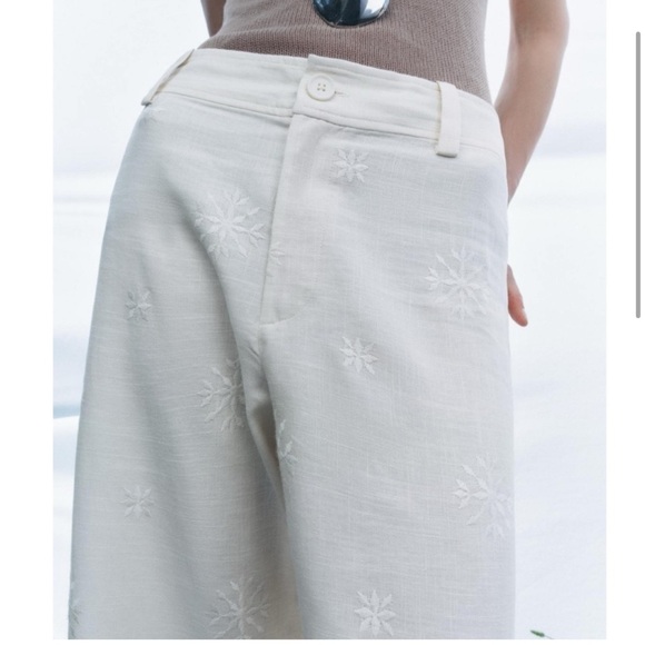 Zara ZW Collection Embroidered Ecru Linen Blend Pants XS - Picture 4 of 10